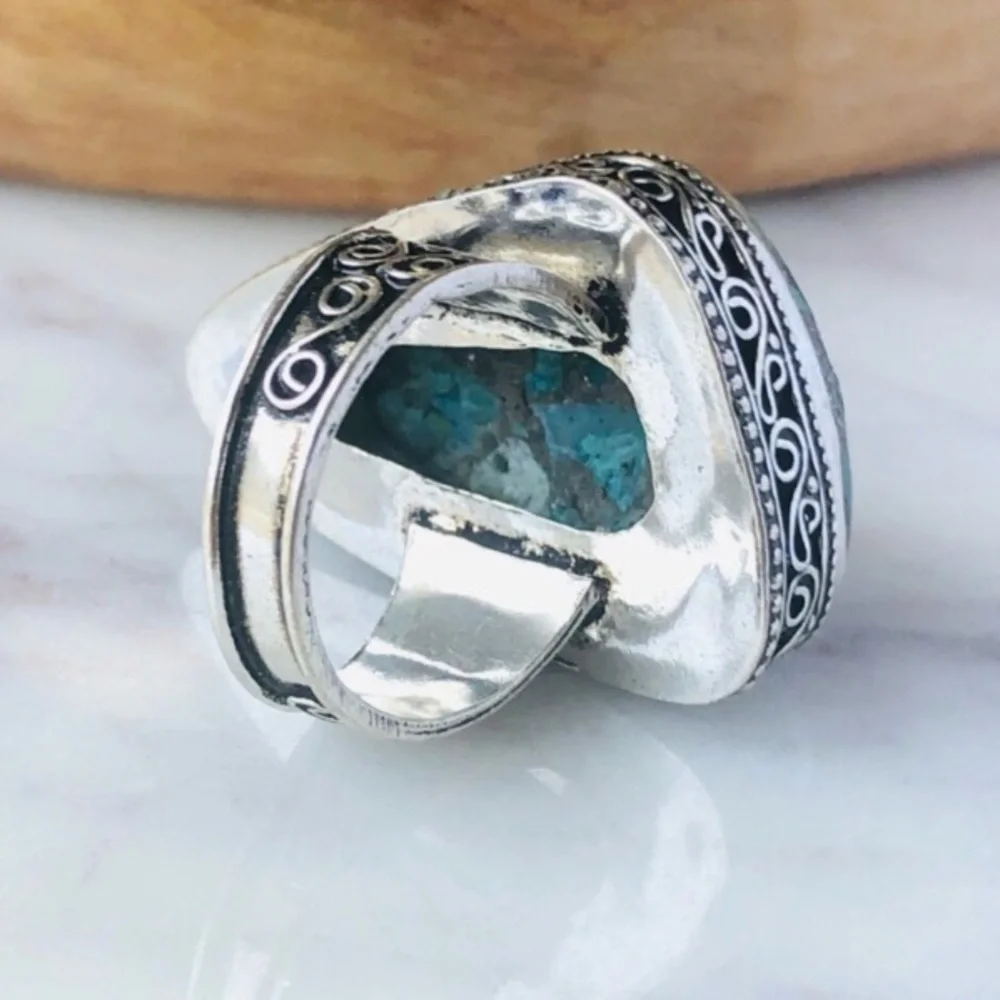 Silver Plated Copper Chrysocolla Bohemian Statement Ring